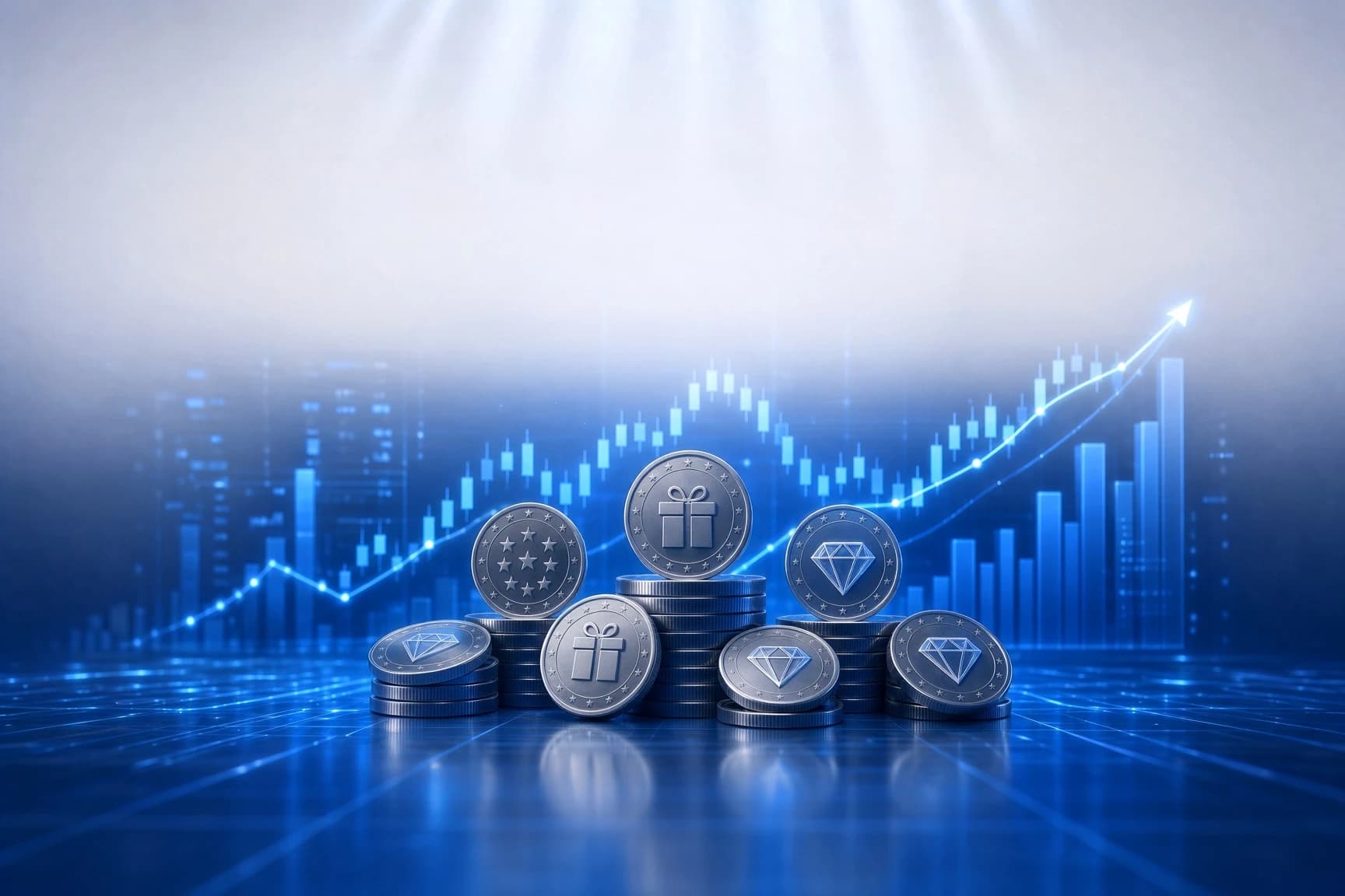 Reward coins and trading charts illustrating the FundYourFX loyalty programme